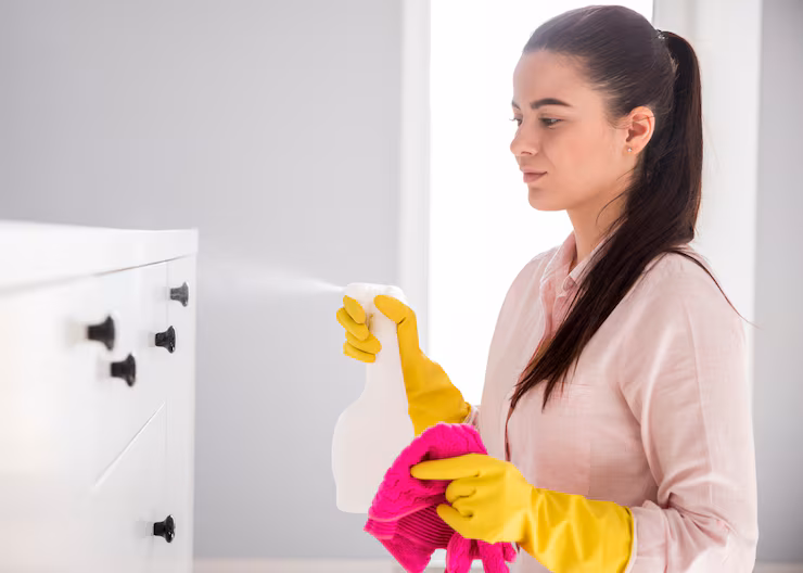 professional cleaner dusting living room to reduce indoor allergens in Sacramento home